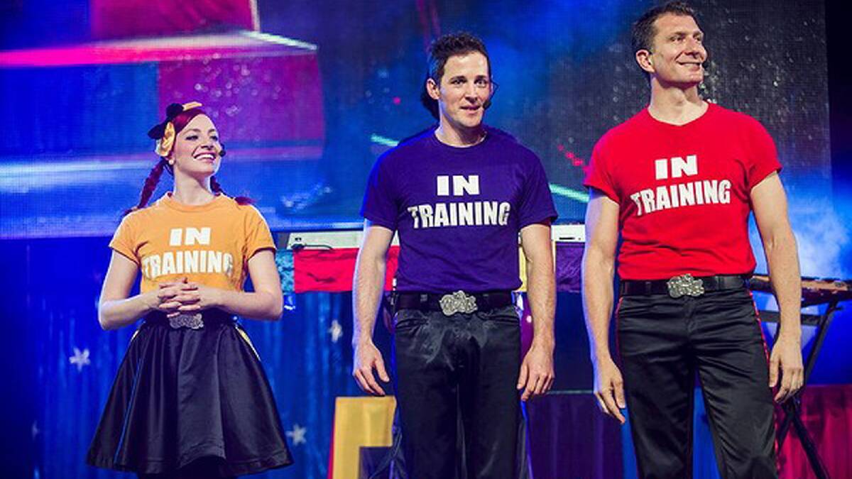 The Wiggles perform at AIS Arena. The new Wiggles, Emma (Watkins), Lachlan (Gillespie), and Simon (Pryce), are introduced to the crowd. Photo: Rohan Thomson