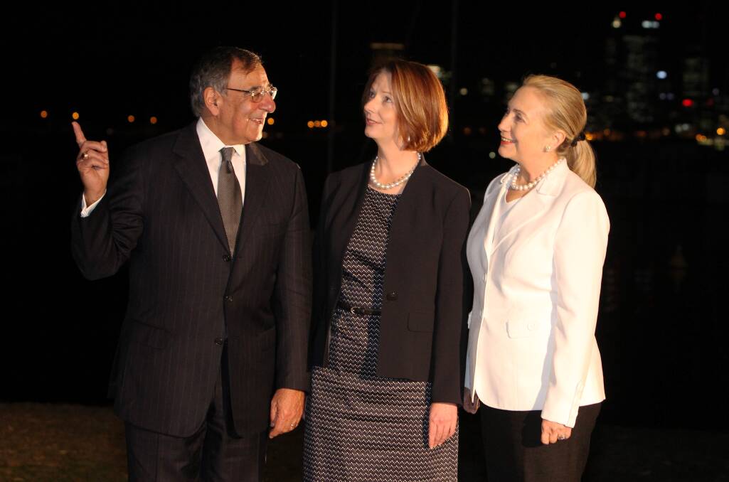 US Secretary of Defense Leon Panetta, Australian Prime Minister Julia Gillard and US Secretary of State Hillary Clinton attend a dinner at the Matilda Bay Restaurant prior to the annual Australia-United States Ministerial Consultations, on November 13, 2012 in Perth, Australia. Photo by Colin Murty - Pool Getty Images