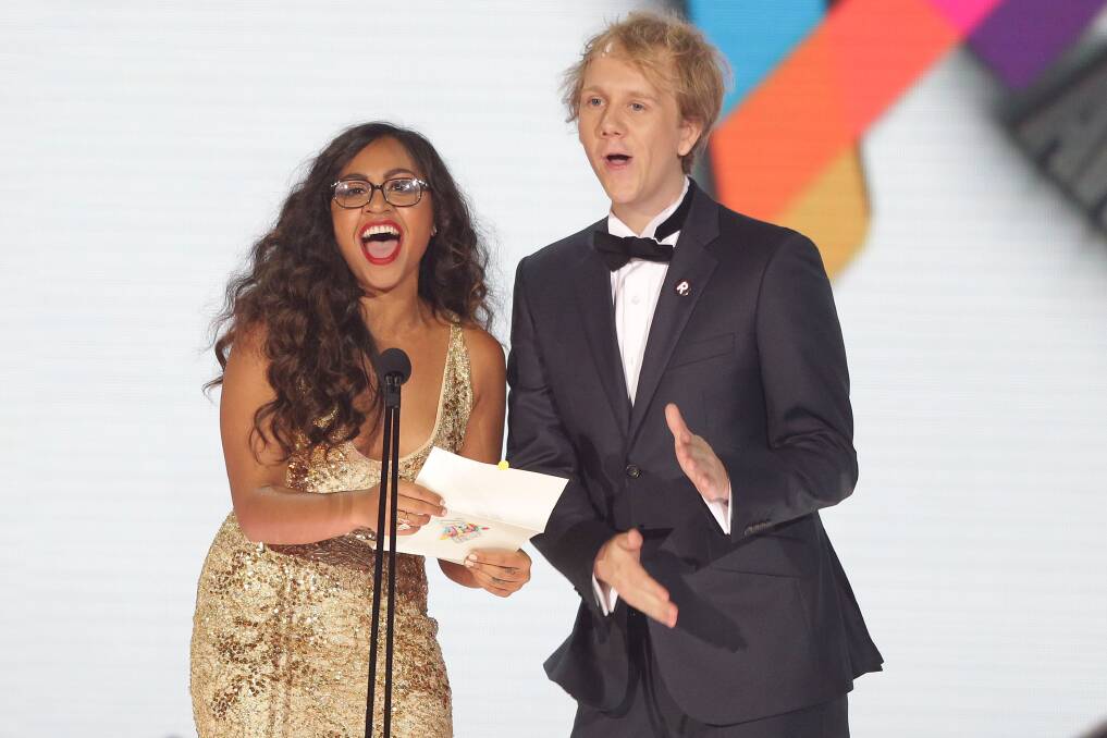Josh Thomas and Jessica Mauboy present the ARIA for Breakthrough Artist at the 26th Annual ARIA Awards 2012. Photo by Brendon Thorne/Getty Images