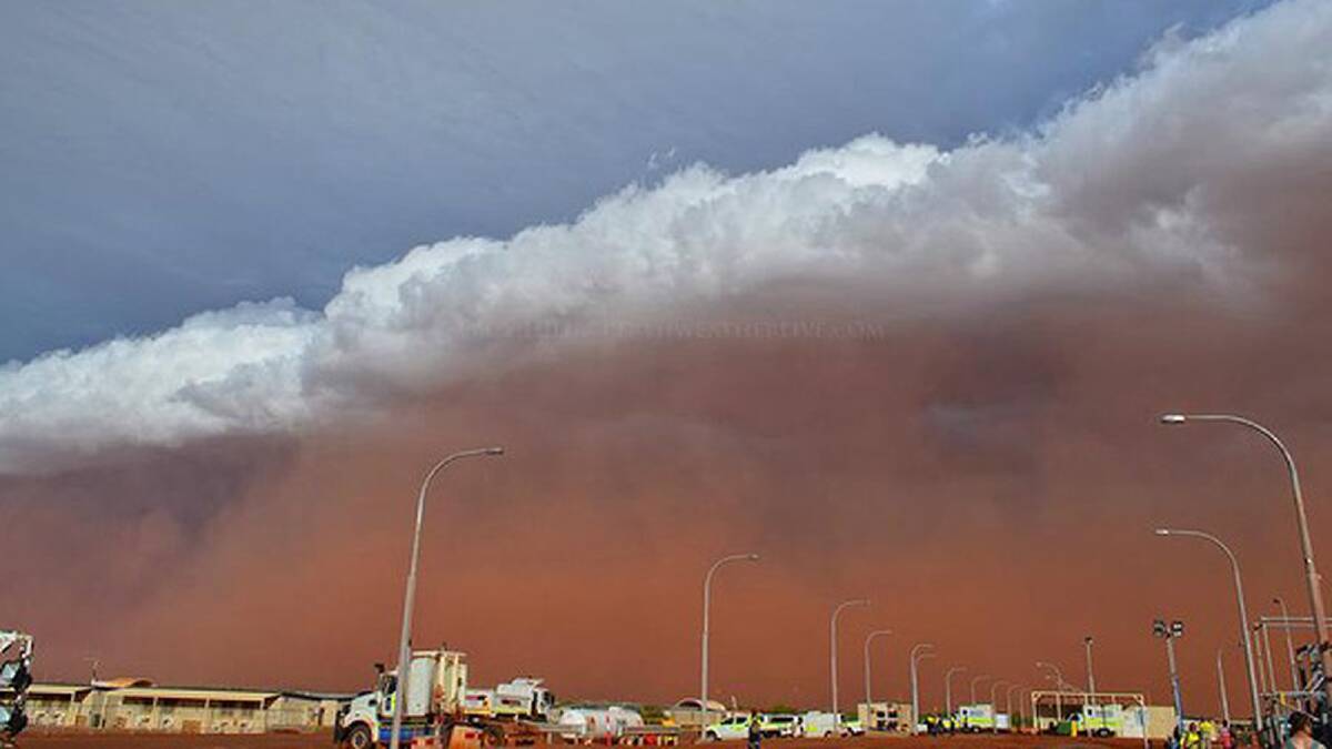 Properties in the Onslow region of the Pilbara were covered by a storm of red dust on February 11. Photos: Troy Hill/PerthWeatherLive.com