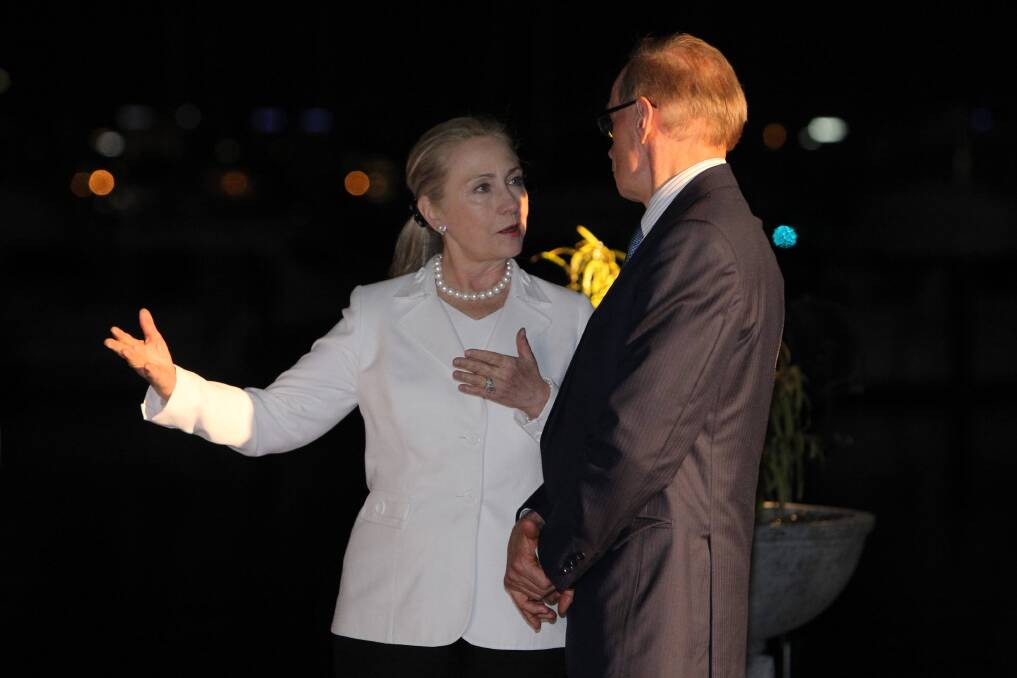 US Secretary of State Hillary Clinton and Australian Minister for Foreign Affairs Bob Carr chat during a dinner at the Matilda Bay Restaurant prior to the annual Australia-United States Ministerial Consultations, in Perth, Australia. Photo by Colin Murty - Pool Getty Images