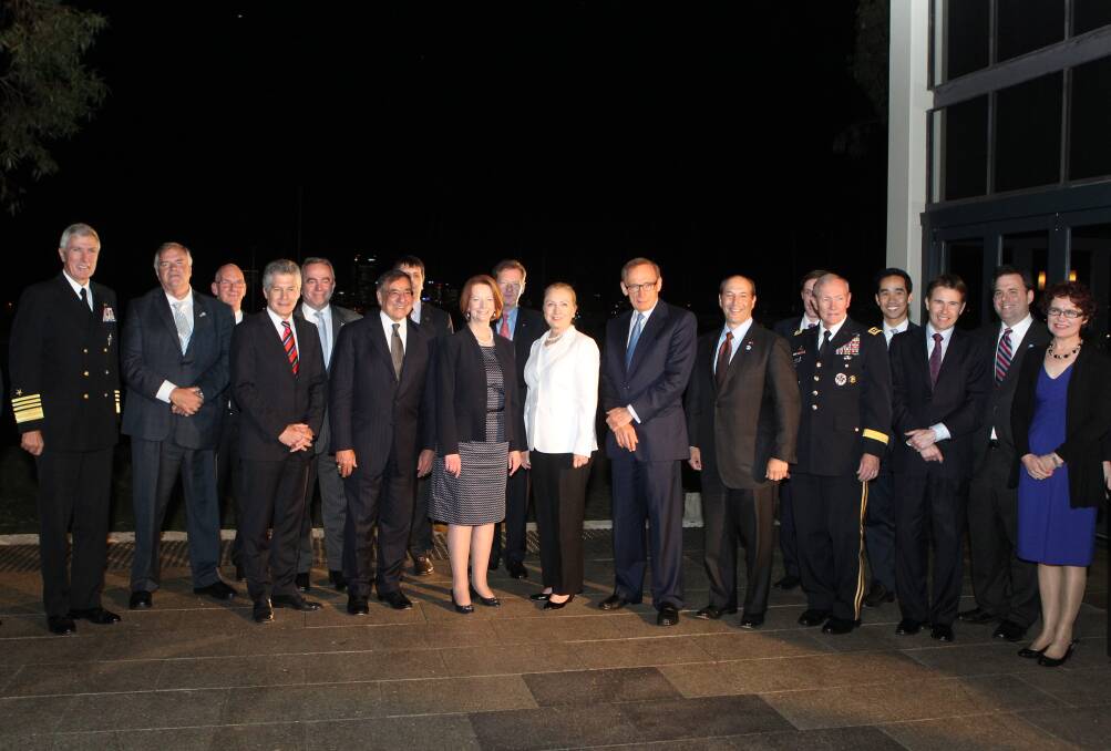 Australian Minister for Defense Stephen Smith, US Secretary of Defense Leon Panetta, Australian Prime Minister Julia Gillard, US Secretary of State Hillary Clinton and Australian Minister for Foreign Affairs Bob Carr pose with guests at a dinner at the Matilda Bay Restaurant prior to the annual Australia-United States Ministerial Consultations, in Perth, Australia. Photo by Colin Murty - Pool Getty Images