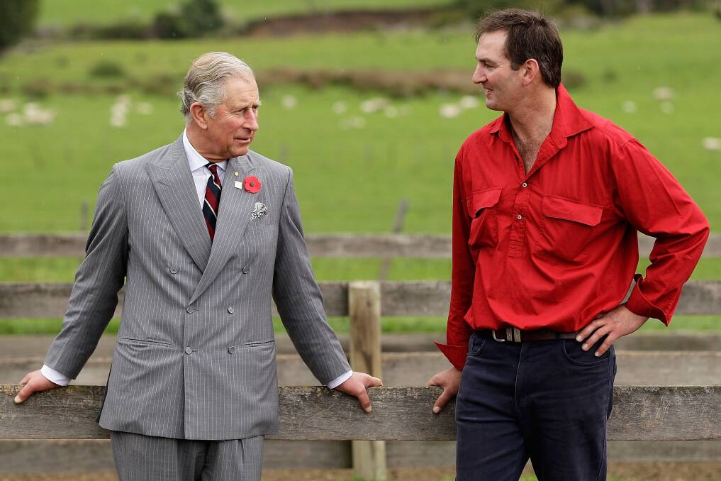 Prince Charles, Prince of Wales and Leenavale Stud member Brent Thornbury observe sheep being mustered into shearing shed yards at Leenavale Sheep Stud on November 8, 2012 in Sorell, Australia. The Royal couple are in Australia on the second leg of a Diamond Jubilee Tour taking in Papua New Guinea, Australia and New Zealand. (Photo by Brendon Thorne/Getty Images) 