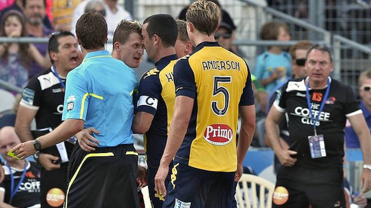 Besart Berisha head butts in a heated exchange after a tackle on number four, Pedj Bojic. Photo: Brendan Esposito
