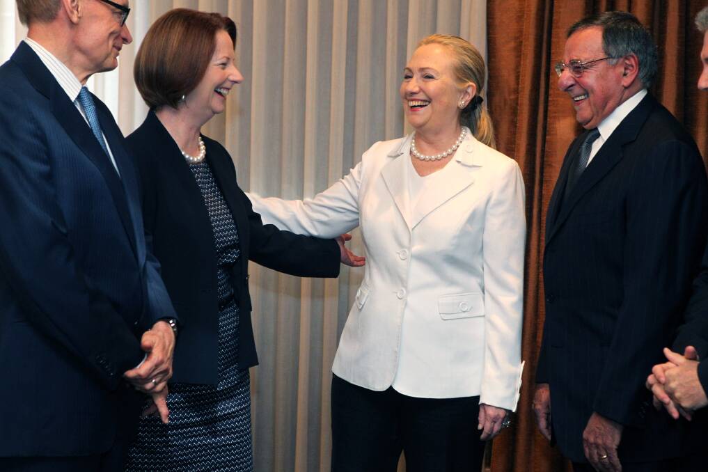 The Australian Minister for Foreign Affairs Bob Carr, Australian Prime Minister Julia Gillard, US Secretary of State Hillary Clinton, and US Secretary of Defense Leon Panetta meet during the annual Australia-United States Ministerial Consultations at the Hyatt Hotel in Perth, Australia. Photo by Colin Murty-Pool/Getty Images