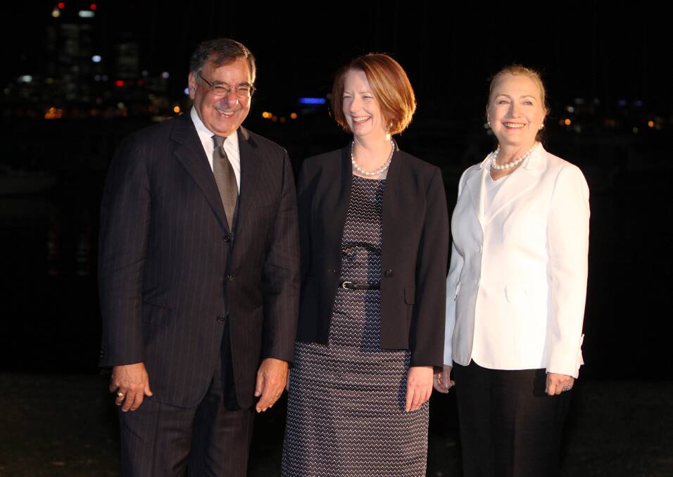 US Secretary of Defense Leon Panetta, Australian Prime Minister Julia Gillard and US Secretary of State Hillary Clinton attend a dinner at the Matilda Bay Restaurant prior to the annual Australia-United States Ministerial Consultations, in Perth, Australia. Photo by Colin Murty - Pool Getty Images