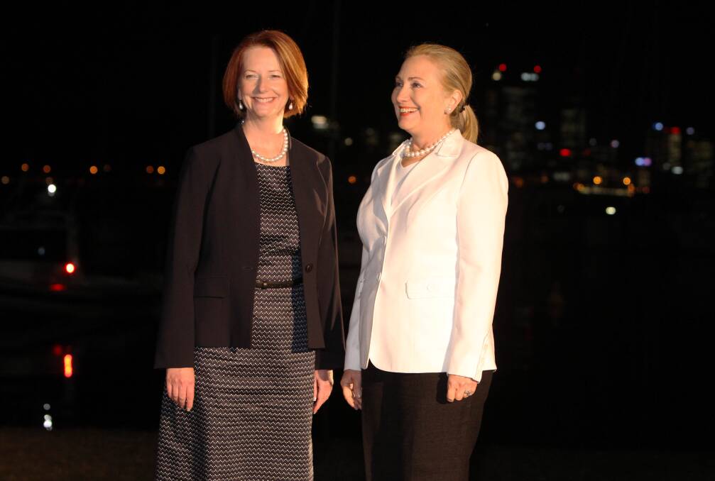 Australian Prime Minister Julia Gillard and US Secretary of State Hillary Clinton attend a dinner at the Matilda Bay Restaurant prior to the annual Australia-United States Ministerial Consultations, in Perth, Australia. Photo by Colin Murty - Pool Getty Images