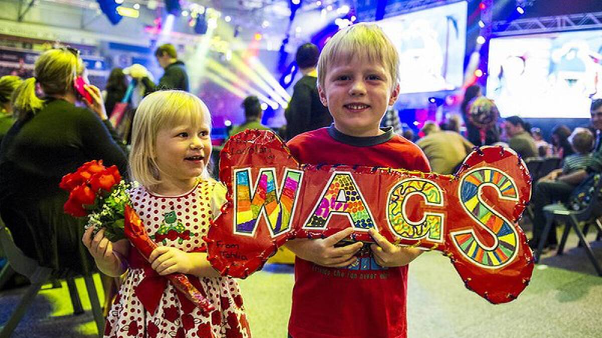 The Wiggles perform at AIS Arena. Tahlia (2) and Lachlan (5) Vincent before the show. Photo: Rohan Thomson
