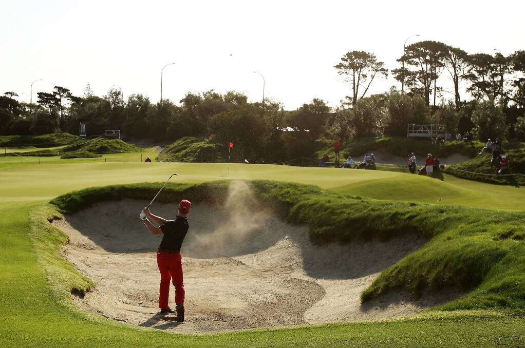 Brendan Jones of Australia plays a bunker shot during day one of the 2012 Australian Open at The Lakes Golf Club in Sydney, Australia. Photo by Matt King/Getty Images